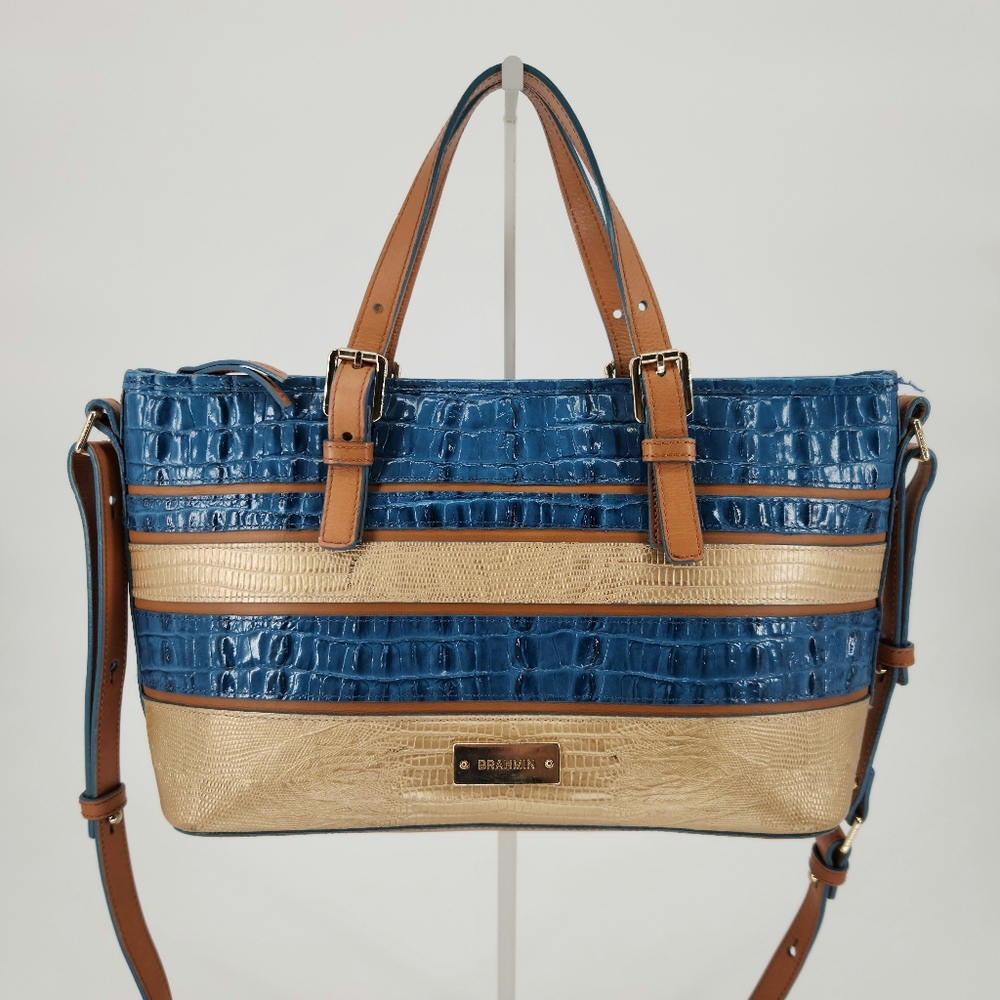 Brahmin Asher Blue & Tan Embossed Leather Zip Tote Satchel Bag w/ Shoulder Strap
